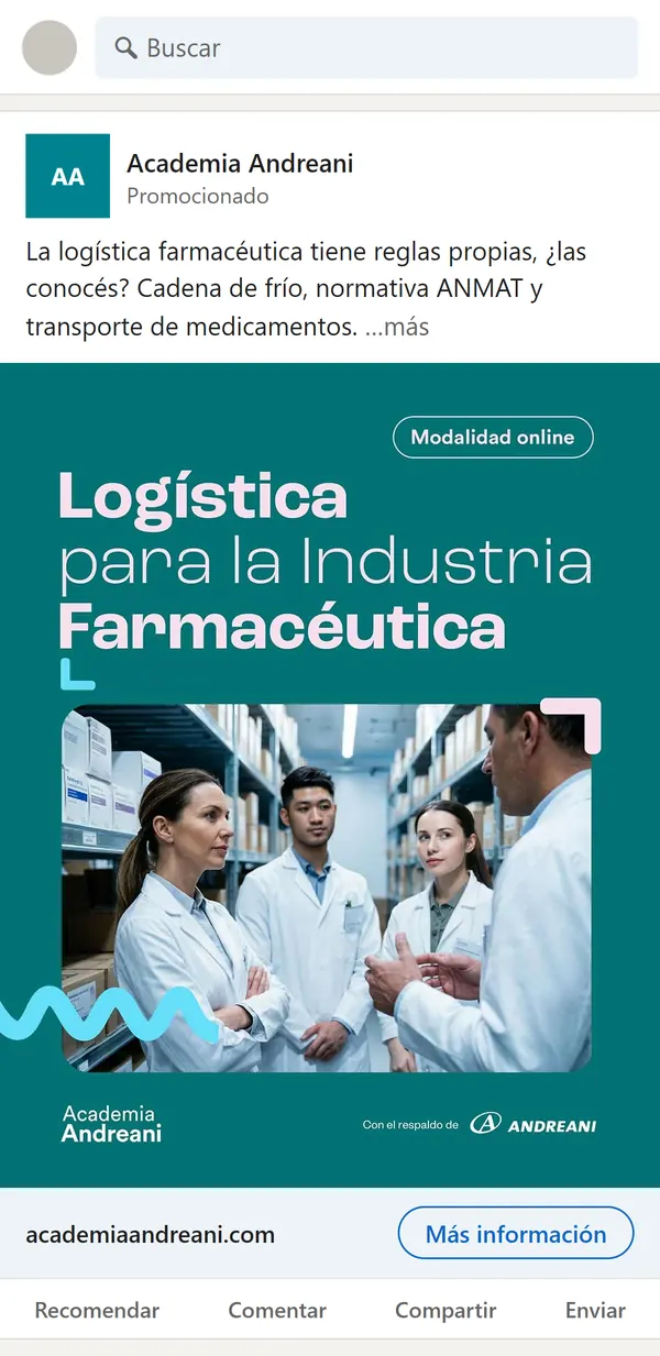 Anuncio promocionado de LinkedIn de Academia Andreani para un curso de logística farmacéutica