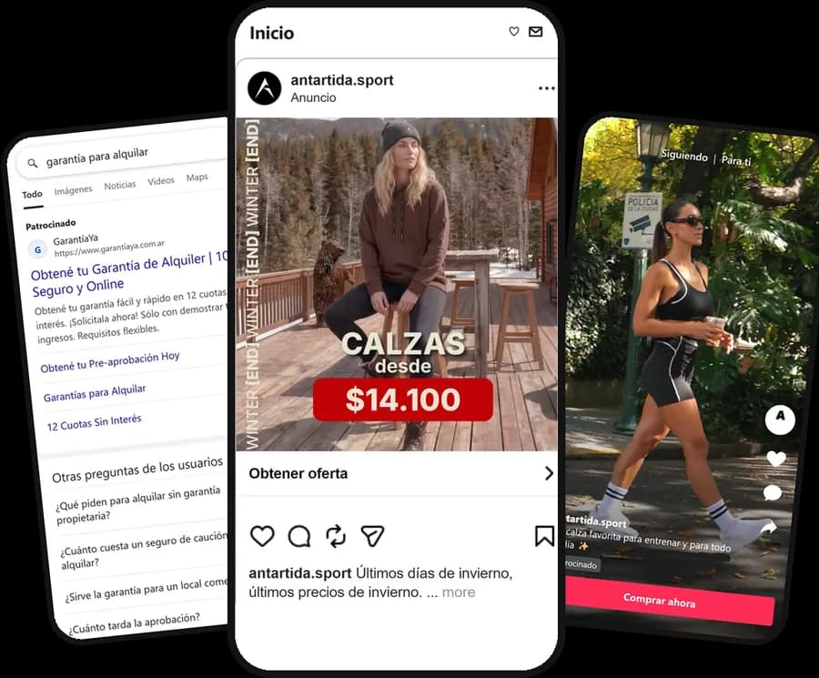 Anuncios en Google, Instagram y TikTok vistos en tres celulares