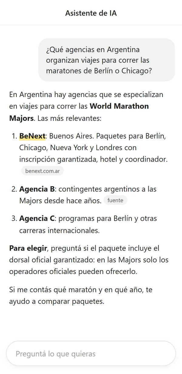 Ejemplo de respuesta de un asistente de IA que nombra primero a Benext para una consulta sobre maratones