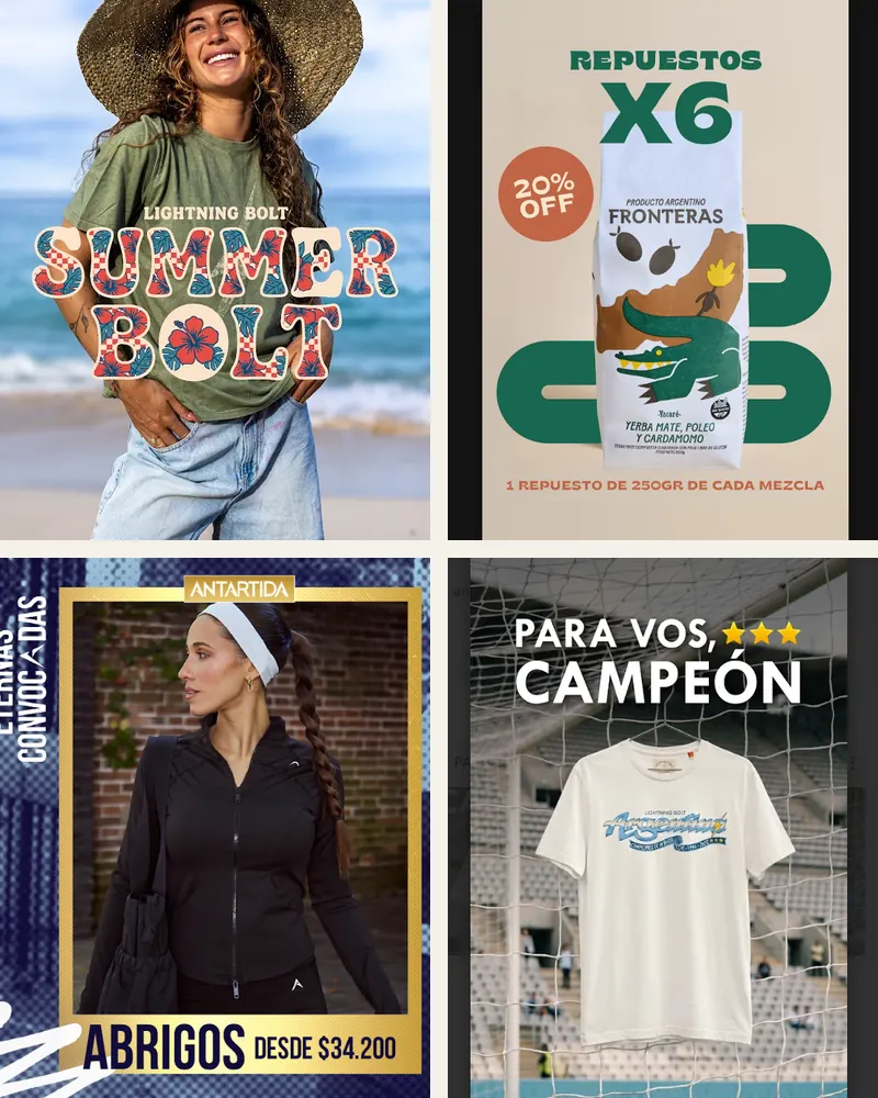 Cuatro piezas gráficas de campañas para marcas de ropa y de yerba mate