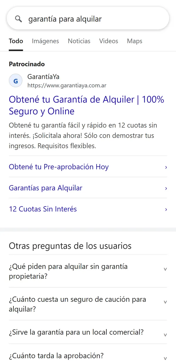 Anuncio de búsqueda de Google de GarantíaYa sobre garantías de alquiler, primero en los resultados de un celular