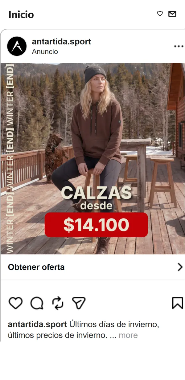 Anuncio de Instagram de Antártida Sport con una oferta de calzas, visto en el feed de un celular